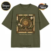 Olive green cotton t-shirt featuring a sun-faced board game graphic, dice, and the text Summer Vibe and Play wild.!