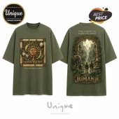 Olive green graphic t-shirt featuring a Jumanji board game design with dice, sun motif, and jungle ruins illustrations.!