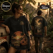 Black vintage-wash cotton t-shirt with Jurassic Park logo, Summer Vibe graphic, and T-Rex jungle print on back.!