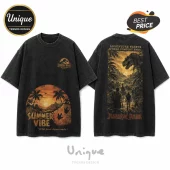Black acid-wash t-shirt with Jurassic Park logo, Summer Vibe text, and T-Rex jungle scene on back.!