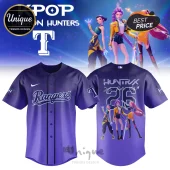Purple baseball jersey featuring Rangers text, front button closure, and K-pop Demon Hunters character graphic on back.!