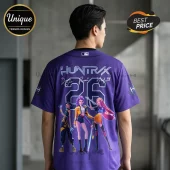 Purple short-sleeve baseball jersey with Huntrax 26 graphic, anime character illustrations, and printed white signatures.!
