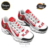 Kappa Alpha Psi sneakers featuring red and white color scheme, 1911 text, fraternity crest, and KAY lettering on white mesh.!