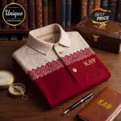 Kappa Alpha Psi polo shirt in beige and burgundy with gold buttons and Greek letters embroidered on the chest.!