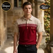 Man wearing a color-blocked knit polo with red bottom and beige top featuring a chevron pattern and Greek letters ΚΑΨ in gold.!