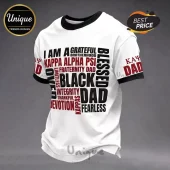 White Kappa Alpha Psi fraternity t-shirt with black ringer collar and red and black text print stating Black Dad and Blessed.!