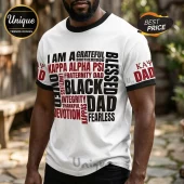 White Kappa Alpha Psi ringer t-shirt with black and red text including words like Blessed, Black, Dad, and Fraternity.!
