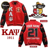 Kappa Alpha Psi varsity jacket in red and black with embroidered Greek letters, fraternity crest, and custom number print.!