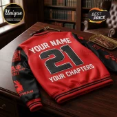 Custom red and black varsity jacket with white text Your Name, 21, and Your Chapters printed on the back and sleeves.!