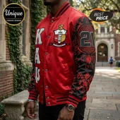 Kappa Alpha Psi varsity jacket in red satin with black sleeves, Greek letters, crest, and number 21 embroidery.!