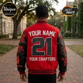 Custom red and black varsity jacket with white text reading Your Name, 21, and Your Chapters, worn by a man from behind.!