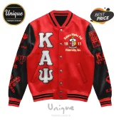 Kappa Alpha Psi red and black varsity jacket with white K A Psi greek letters and fraternity crest on the chest.!