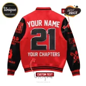 Customizable red and black varsity jacket with Kappa Alpha Psi symbols, number 21, and personalized text placement.!