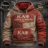 Kappa Alpha Psi fraternity hooded jacket in distressed red and tan fabric with KΑΨ Greek letters and mission crest.!