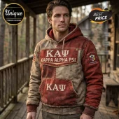 Man wearing a distressed red and tan Kappa Alpha Psi fraternity hoodie with Greek lettering and embroidered patches.!