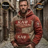 Man wearing a distressed red and brown Kappa Alpha Psi hooded sweatshirt with Greek letters and fraternity crest.!