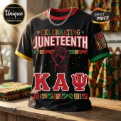 Black t-shirt with red, green, and gold accents, featuring a fist graphic, Juneteenth text, and Kappa Alpha Psi letters.!