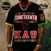 Black t-shirt featuring a red raised fist graphic, Juneteenth text, and Kappa Alpha Psi Greek letters in red, gold, and green.!