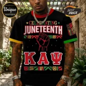 Black t-shirt featuring Juneteenth text, a raised fist graphic, and red Kappa Alpha Psi greek letters with colorful accents.!