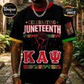 Black t-shirt featuring Juneteenth text, a raised fist graphic, and Kappa Alpha Psi Greek letters in red, green, and gold.!