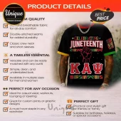 Black crew neck t-shirt featuring Juneteenth text, a raised fist graphic, and Kappa Alpha Psi fraternity Greek letters.!