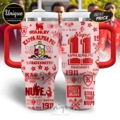 Light pink 40oz stainless steel tumbler with red Kappa Alpha Psi fraternity branding, logos, 1911 dates, and red handles.!