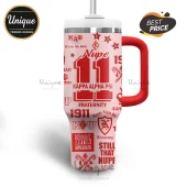 Light pink stainless steel tumbler with red handle and straw featuring Kappa Alpha Psi Greek letters, Nupe 1911, and logos.!