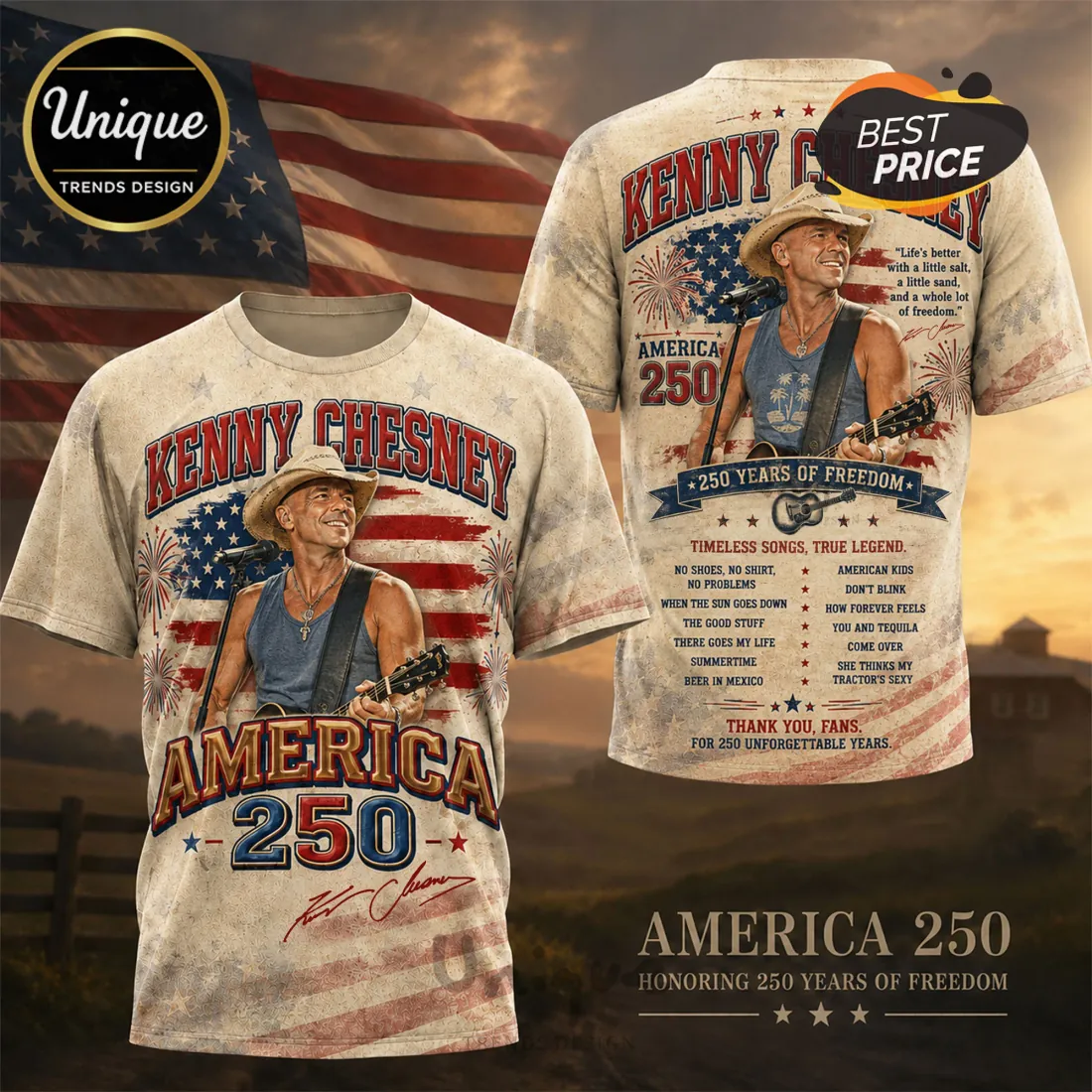 Kenny Chesney America 250 Patriotic American Flag Country Music T-Shirt Kenny Chesney America 250 Patriotic American Flag Country Music T-Shirt