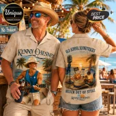 Kenny Chesney themed beige button-up shirt featuring beach imagery, guitars, microphones, and song title text graphics.!