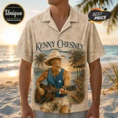 Kenny Chesney button-up beach shirt featuring a cowboy hat and guitar graphic on a beige seashell print background.!