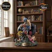 Kingdom Hearts 25th anniversary PVC collectible statue featuring Sora, Riku, and Kairi posed on a rocky base with a plaque.!