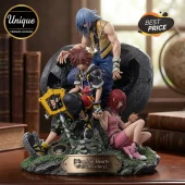 Kingdom Hearts PVC figure featuring Sora, Riku, and Kairi sitting on a rocky base with a 25th anniversary plaque.!