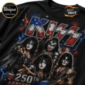 Black cotton t-shirt featuring KISS rock band members in stage makeup, American flag background, and 250th Anniversary text.!