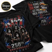 Black cotton t-shirt featuring rock band KISS, American flag graphics, lightning, and 250th Anniversary text.!