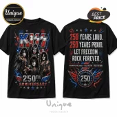 Black cotton t-shirt with KISS band graphic, 250th anniversary text, US flag motifs, lightning, and fireworks artwork.!