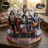 KISS band resin figurine set with four members on a fire-patterned display base featuring the KISS logo and text.!