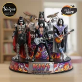 KISS band figurine set featuring Gene Simmons, Paul Stanley, Ace Frehley, and Peter Criss on a flame-detailed stage base.!