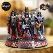 KISS band resin figurine set featuring four members with guitars and drums on a base labeled KISS Hottest Band in the World.!