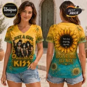 V-neck t-shirt featuring the band KISS, sunflowers, and text reading Just A Girl Who Loves KISS and Rock And Roll All Nite.!