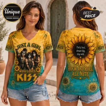 KISS Rock and Roll Sunflower V-Neck T-Shirt KISS Rock and Roll Sunflower V-Neck T-Shirt