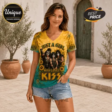 KISS Rock and Roll Sunflower V-Neck T-Shirt