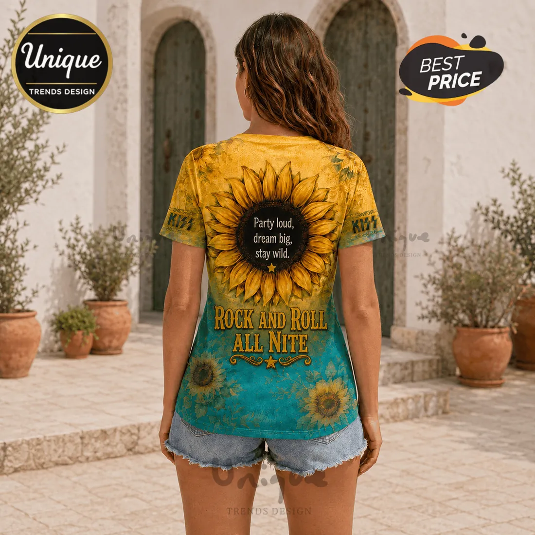 KISS Rock and Roll Sunflower V-Neck T-Shirt KISS Rock and Roll Sunflower V-Neck T-Shirt
