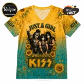 V-neck t-shirt featuring KISS band members, sunflowers, and the text Just A Girl Who Loves KISS in yellow and teal.!