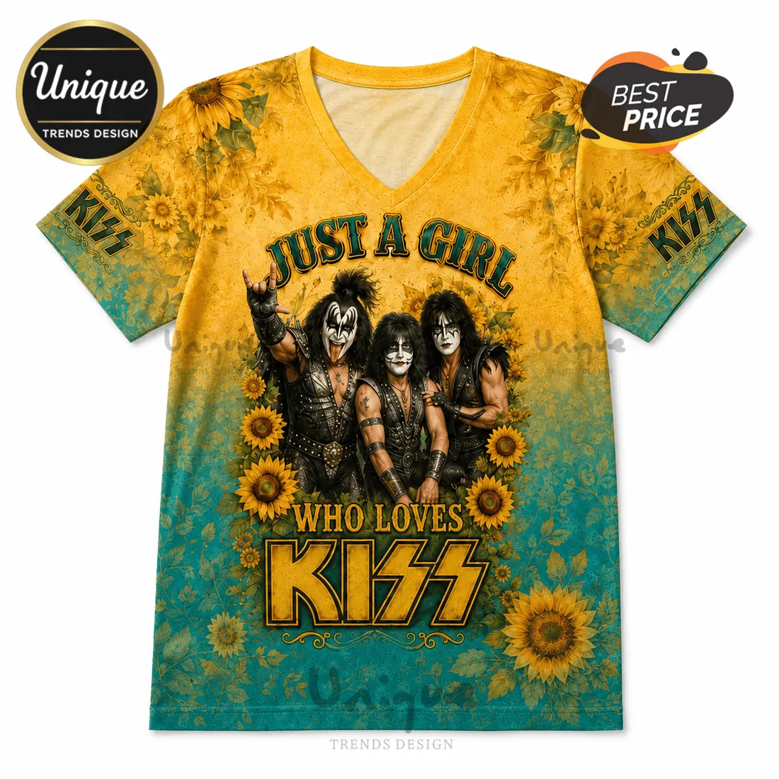 KISS Rock and Roll Sunflower V-Neck T-Shirt KISS Rock and Roll Sunflower V-Neck T-Shirt