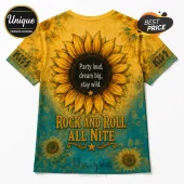 KISS band themed t-shirt with a large sunflower graphic, teal and yellow floral pattern, and Rock and Roll All Nite text.!