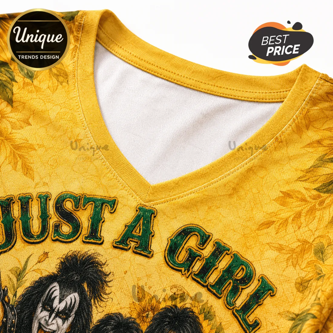 KISS Rock and Roll Sunflower V-Neck T-Shirt KISS Rock and Roll Sunflower V-Neck T-Shirt