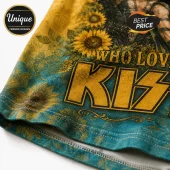KISS band fabric print featuring yellow sunflowers on a teal background with bold yellow lettering reading WHO LOVES KISS.!