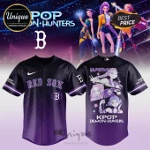Boston Red Sox K-Pop Demon Hunters baseball jersey featuring purple gradient fabric, anime-style character art, and logos.!