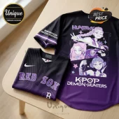 Black and purple baseball jersey featuring Red Sox text, K-Pop Demon Hunters anime graphics, and pinstripe detailing.!