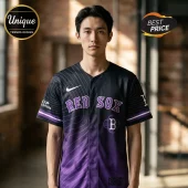 Man wearing black and purple Boston Red Sox baseball jersey with white pinstripes and K-Pop Demon Hunters branding.!